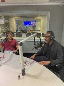 Tunde (R), the voice of the Lighthouse Family, pictured with John Fishlock (L), during an interview with Martin Myers